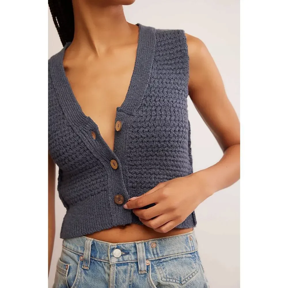 Free People Ava Knit Vest Blue XS Button-Up Sleeveless Shirt Vest Boho Chic